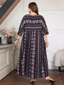 Lacomfia Damen Große Größen Lässig Blume Muster Locker Langes Kleid, Frühling/Sommer - Schwarz - Übersicht 2