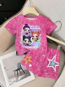 2件套KPOP女团数码印花T恤短裤套装，时尚休闲舒适，适合女孩四季穿着 - 彩色 - 查看 2