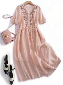 EMERY ROSE Women's Casual Elegant Floral Embroidery Lantern Sleeve Dress - Pink - View 7