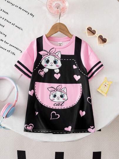 SHEIN 女婴可爱卡通图案撞色宽松短袖针织连衣裙，夏季