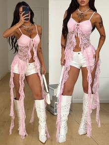 Coolane Áo tank top nữ mùa hè, phong cách lễ hội âm nhạc, vintage Y2K, họa tiết da báo, chất liệu ren, co giãn, phối màu đen. - Màu Hồng baby - Xem 3