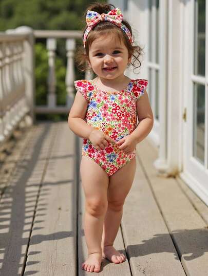 SHEIN Ditsy Floral, Beach Vacation, #Coconutgirl, Baby Girls Casual Slim-Fit Spaghetti Strap One-Piece Swimsuit, Suitable For Summer, Princess Chic, Little Stars, Baby Girl Swimwear, Vacay Romance