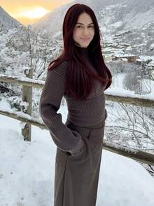 Abrilcols 女士不对称休闲阔腿裤女士时尚办公室通勤百搭高腰高端不对称阔腿西装裤 - 棕色 - 查看 3