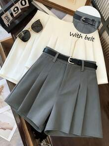 SHEIN Franclia 女士休闲都市通勤风短裤，配腰带，街头风日常穿搭 - 深灰色 - 查看 8