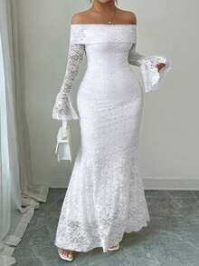 Elenzga 大码女式纯色简约日常穿搭露肩蕾丝长袖连衣裙 - 白色 - 查看 6