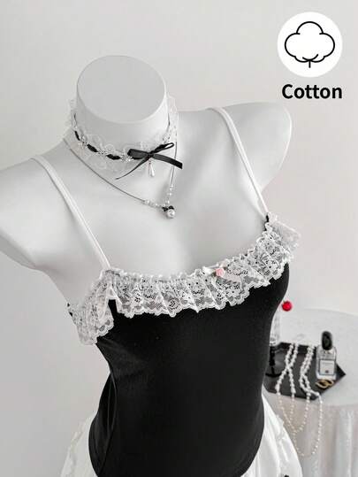 Elamini Black Knit Fabric Patchwork Ruffle Trim Bow Rose Decor Cami Top For Women, Fitted Backless Design, Cute & Sweet, Elegant & Romantic, Suitable For Spring/Summer, Vacation, Dating, Casual Wear, Versatile