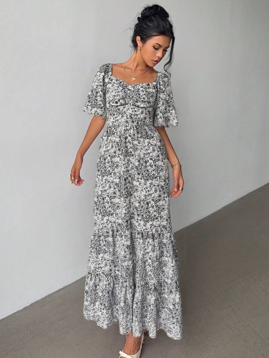 Selianne Đầm ngắn tay mùa hè, thích hợp cho kỳ nghỉ biển, lễ hội âm nhạc, họa tiết hoa nhí, viền bèo nhún. - màu đen - Xem 1