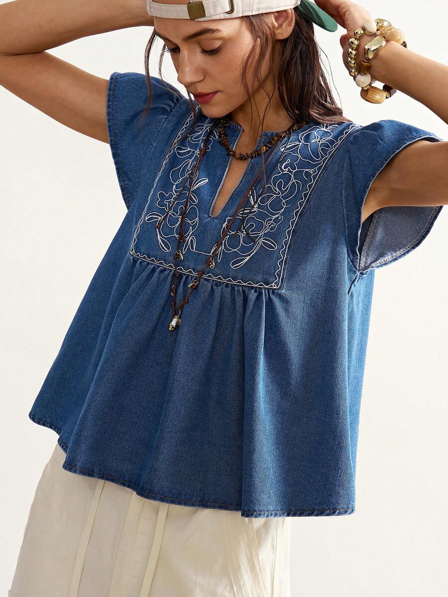 Bohemela 女士V领短袖复古褶皱牛仔衬衫 - 中等水洗藍 - 查看 1