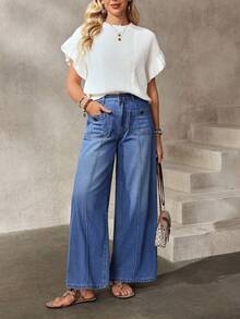 EMERY ROSE 女士高腰口袋设计阔腿宽松休闲牛仔裤 - 藍色 - 查看 8