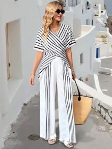 SHEIN Holidaya 女士优雅休闲度假条纹两件套 - 彩色 - 查看 6