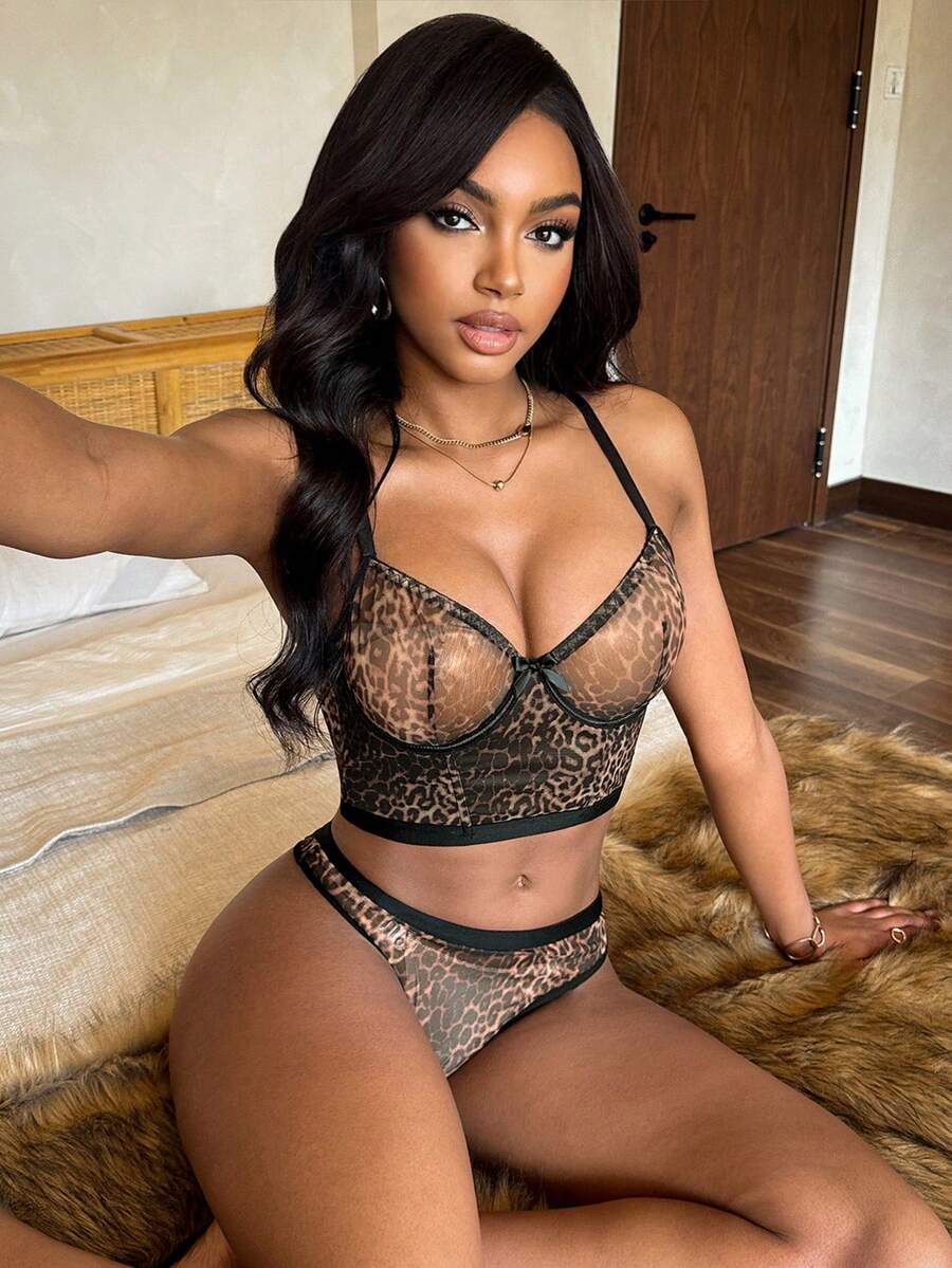 2pcs Women Leopard Print Milk Silk Elastic Comfortable Wireless Bra & Panty Set, Thin Cup Gather Sexy Lingerie Set - Multicolor - View 1