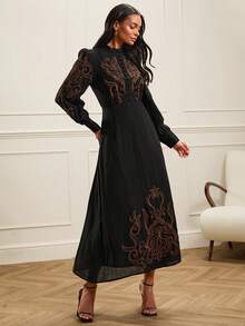 Lilora Women's Elegant Embroidered Puff Sleeve Button Design Dress - Black - View 4