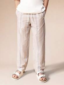 SUMWON Boys Straight Leg Striped Casual Pants With Elastic Waist And Side Pockets For Everyday Comfort And Style Summer Spring Vacation - Coffee Brown - View 5
