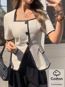 Elyressa Áo blazer dáng ôm, cổ vuông, tay ngắn, chất liệu pha vải lanh, phối màu, có cúc cài, cổ áo vuông, trang trí. - Màu Khaki - Xem 2