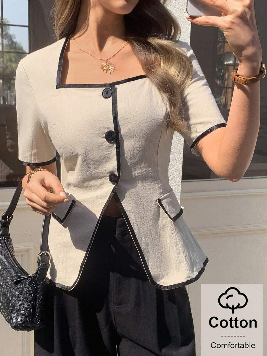 Elyressa Blazer ajustado de manga corta con cuello cuadrado, decoración de botones y bloque de color de mezcla de lino