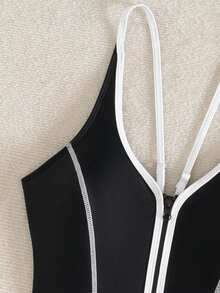 Swim SPRTY Women's One-Piece Swimsuit, Zipper Front Sleeveless Swimwear, Sporty Beach Vacation Swimsuit - Black and White - View 7