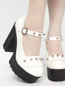 ROMWE Grunge Punk 女士性感厚底粗跟高跟鞋，时尚纯色尖头鞋，饰有搭扣和铆钉，适合春秋季穿着。可调节踝带，完美适用于度假、派对、外出和约会。玛丽珍高跟鞋款式。 - 白色 - 查看 3