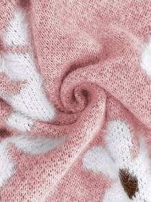 EMERY ROSE Women's Casual Fluffy Flower Pattern Round Neck Drop Shoulder Long Sleeve Knit Pullover Sweater, Autumn/Winter - Pink - View 8