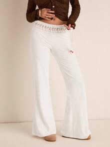 Easelle Women's White Knitted Lace-Up Flared Pants, White Flared Retro Casual Style, 2026 Holiday Season. - White - View 5