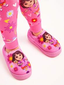 DORA | SHEIN Cute Cartoon Pink Girls Children's Grip-Enhancing Indoor Slippers Toddlers & Kids Soft Plush Warm Winter House Shoes, Lightweight And Durable EVA Sole, Home Bedroom Air-Conditioned Room Spring, Autumn And Winter Flowers - Pink - View 2