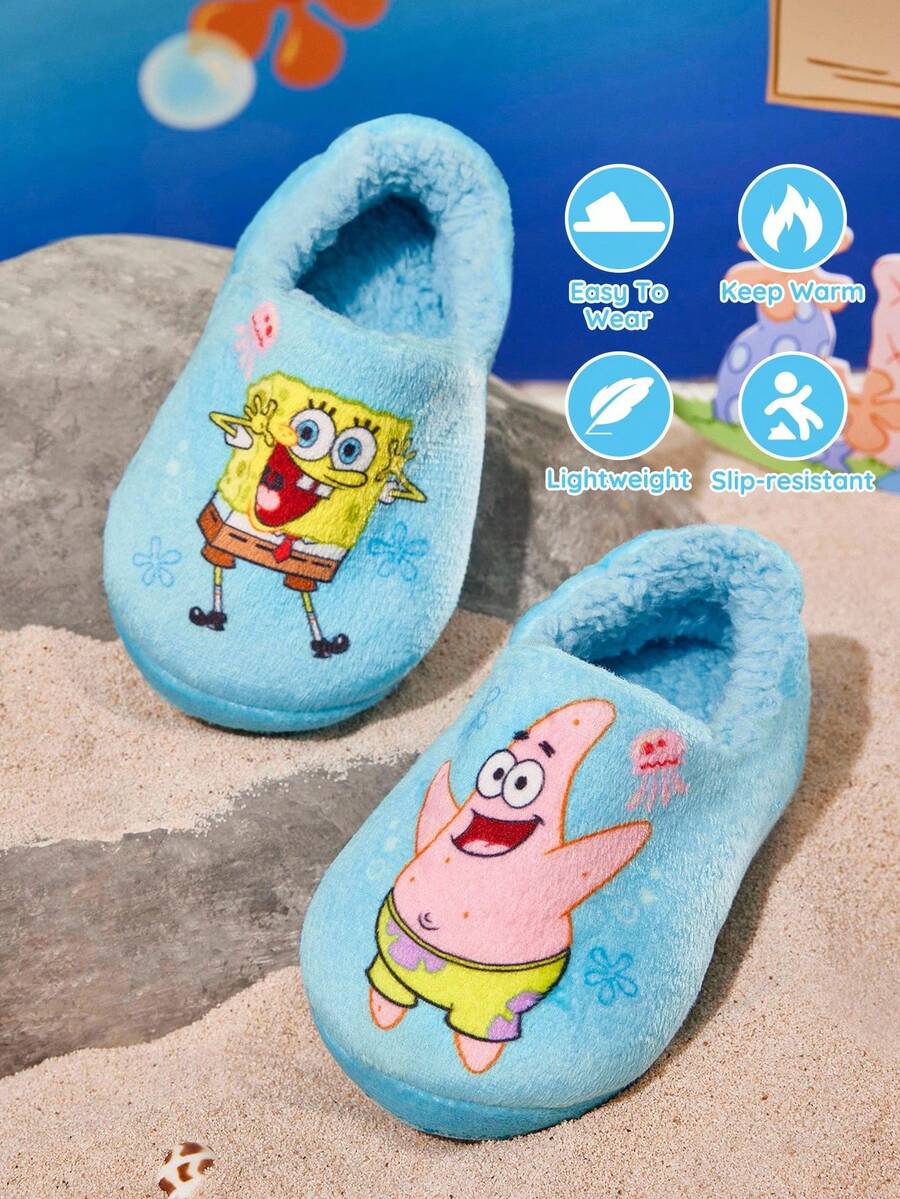 SpongeBob SquarePants | SHEIN 可爱卡通蓝色儿童柔软毛绒保暖弹力后跟拖鞋,适合幼儿和小朋友室内家居防滑鞋,轻便耐用,防滑硅胶点,男女通用,适合男孩女孩在家卧室空调房春、秋、冬三季穿着,Patrick - 藍色 - 查看 1