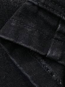 DAZY 青少年男童夏季休闲水洗翻盖口袋牛仔短裤 - 黑色 - 查看 7