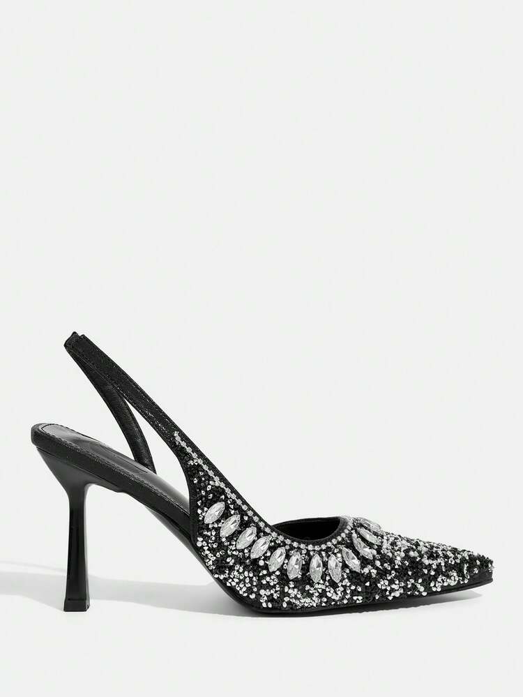 CUCCOO TILAWA Women Shoes Pointed Stiletto Black Rhinestone Gorgeous Fashion Party Banquet Wedding Ladies High Heel Shoes Slingback Women's Shoes