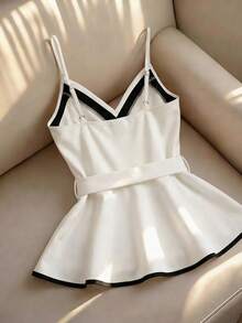 Franclia Stylish Black And White Color-Blocked Camisole Top With A Slimming Waist, Exquisite And Luxurious A-Line Silhouette, Decorated Belt, Spring/Summer - Black and White - View 2