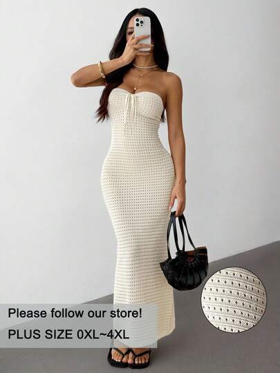 SHEIN EZwear Plus Size Knitted Drawstring Hollow-Out Solid Color Fitted Elegant Fashion Women Maxi Sweater Dress, Suitable For Spring/Summer