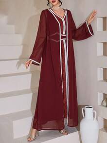 Al Najma Set de 2 piezas de cárdigan con cintura ajustada, decoración de encaje y ribete de contraste para mujer, moda, primavera/otoño - Burdeos - Ver 8