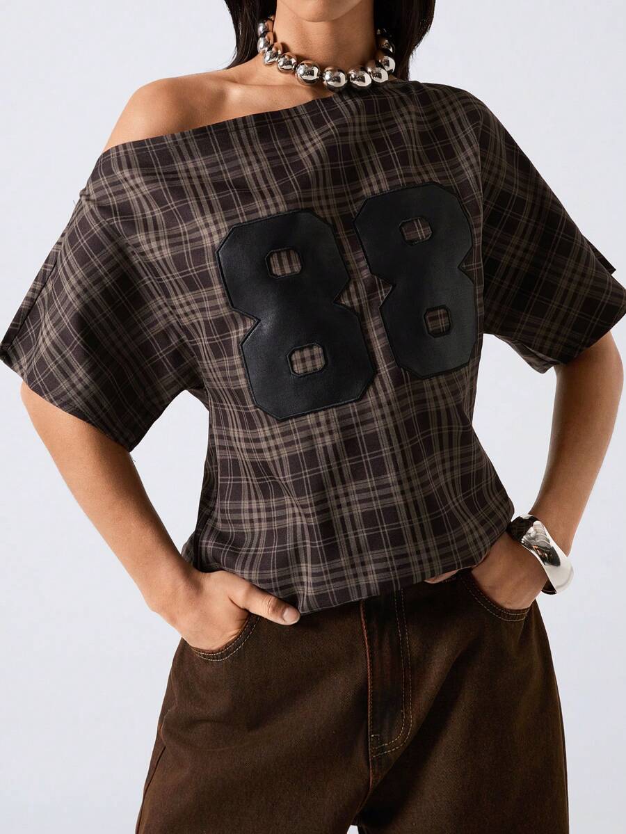 LYSMO 女士数字刺绣格子斜肩短袖时尚衬衫 - 橄欖綠 - 查看 1