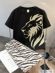 SHEIN 2pcs/Set Tween Boy Casual Minimalist Lion Graphic Print Short Sleeve Crew Neck T-Shirt, Lion Print Set, Suitable For Summer - Black - View 5