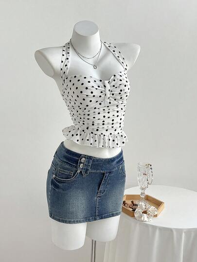 Elamini Women's Button Waist Pocket Design Bodycon Mini Denim Skirt