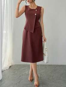 DAZY Women's Round Neck Sleeveless Asymmetrical Design Elegant Mid-Length Dress Sundress - Mocha Brown - View 6