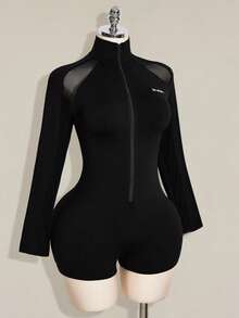 SHEIN ICON 大码女式网纱拼接紧身连体裤 - 黑色 - 查看 5