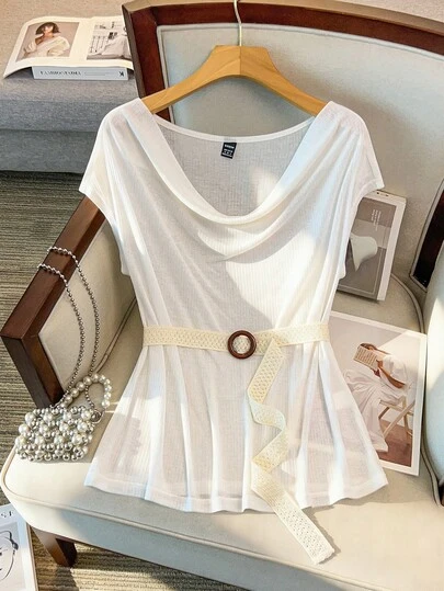 Franclia 女士轻薄低领T恤+腰带，春夏款