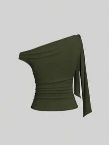 Sweetra Women's Metallic Butterfly Decor Tie Front Ruched Shoulder Top - Army Green - View 2