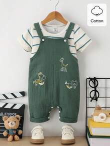 SHEIN Vintaside Kids 寶寶男孩可愛動物刺繡短袖上衣和背帶褲套裝，夏季 - 軍綠色 - 查看 1