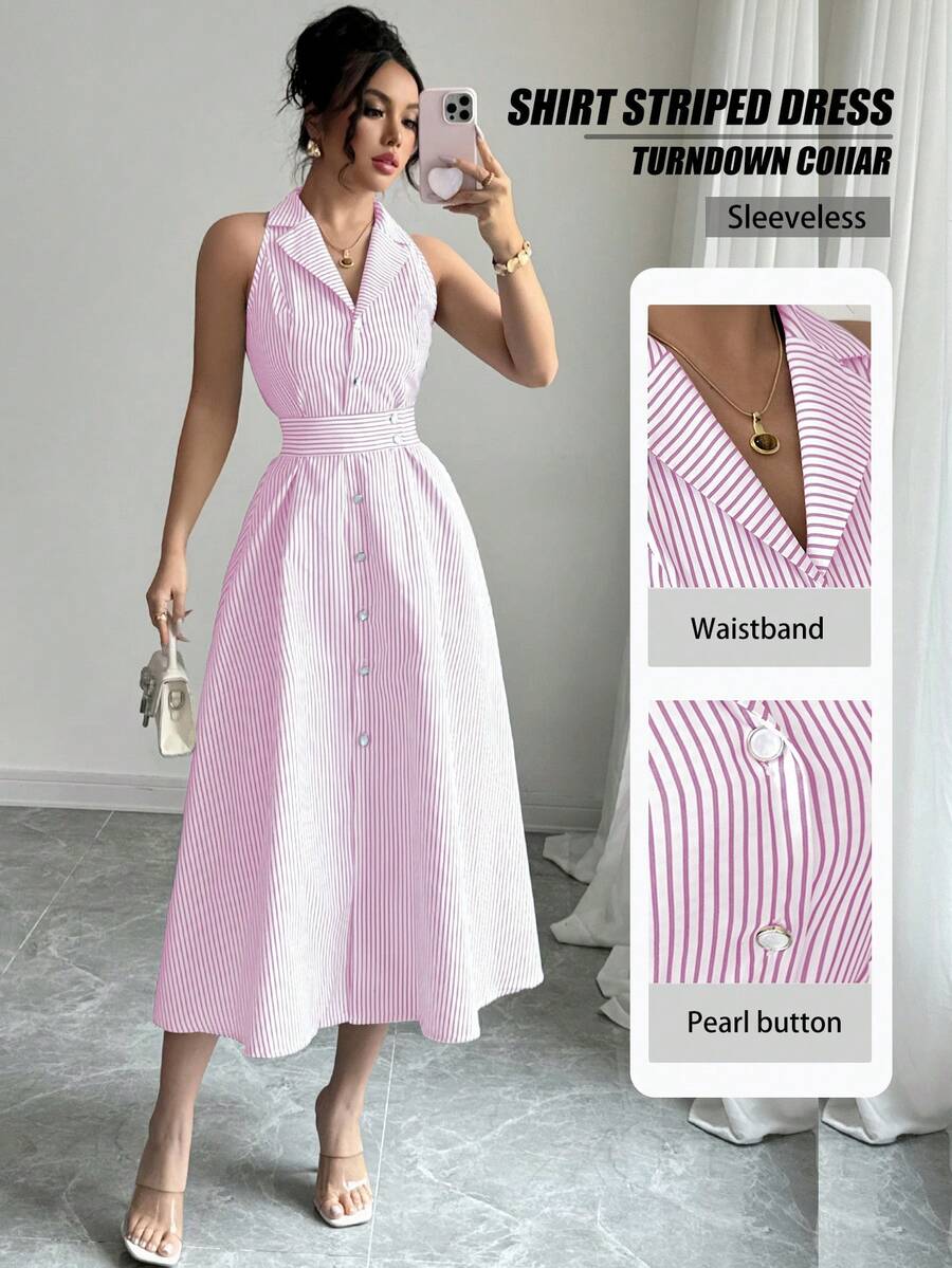 Elenzga Women's Elegant Casual Commuter Striped Dress - Pink - View 1