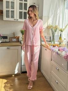 SHEIN Women's Casual & Fresh V-Neck Ruffle Contrast Lace Short Sleeve Top And Pants Pajama Set, Pink Bubble Texture - Pink - View 1