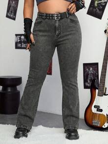 SHEIN ICON Jeans de talle alto con pierna acampanada sin cinturón, talla grande - Gris - Ver 3