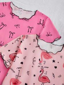 SHEIN 2件套 女童可爱蝴蝶结火烈鸟印花舒适长款睡衣家居服套装 - 彩色 - 查看 9