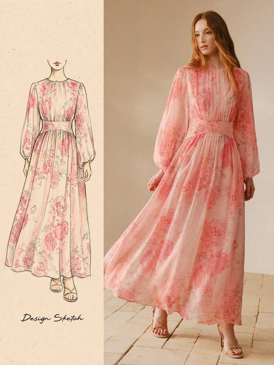 MOTF PREMIUM WOMEN'S PINK CHIFFON ROUND NECK WAIST CINCHED LONG SLEEVE MIDI DRESS - Pink - View 1