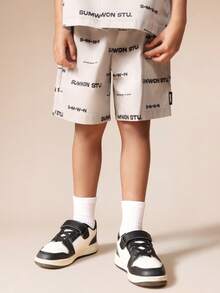 SUMWON Boys Button Up Shirt And Matching Shorts Set White All Over Print Text Pattern Summer Casual Two Piece Outfit - Khaki - View 4