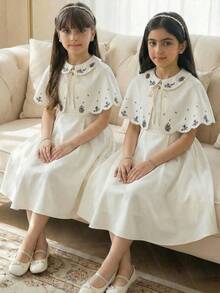 SHEIN Đầm công chúa không tay xếp ly eo, màu trơn thanh lịch dành cho bé gái, họa tiết in nổi, viền bèo nhún, kiểu dáng sang trọng. - Màu Khaki - Xem 4