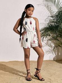 SHEIN SLAYR KIDS 女童碎花露背无袖休闲连体衣，度假风，时尚法式优雅，返校季 - 白色 - 查看 5