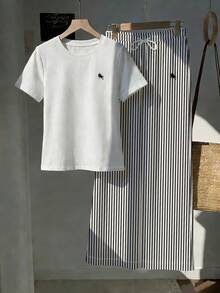 SHEIN EZwear 两件套休闲小马标印花圆领短袖上衣和条纹印花裤 - 彩色 - 查看 6