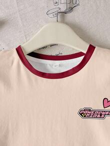 THE POWERPUFF GIRLS X SHEIN 少女休闲撞色滚边卡通图案圆领短袖T恤，夏季 - 白色 - 查看 5