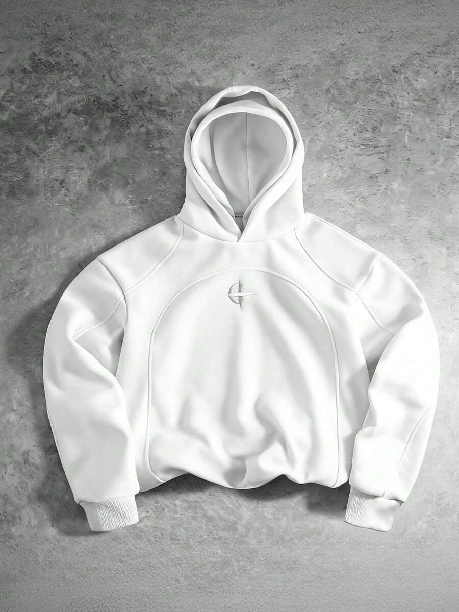 PAVTROS 男士休闲双帽拼接连帽衫，街头风，宽松版型，印花图案，情侣装，朋友装，表达爱意，街头风格，情侣款，结构设计，刺绣图案，双层帽子 - 白色 - 查看 1