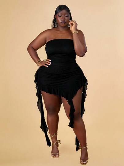 CurvyTilda 大码女式不对称下摆荷叶边装饰花卉露肩连衣裙，春夏季，适合日常穿着、街头、女生夜晚外出和约会之夜、女士生日礼服